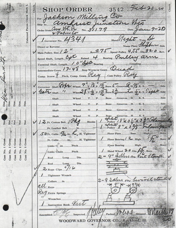 SHOP ORDER FOR JACKSON MILLING COMPAMY   AMHERST JUNCTION   1920